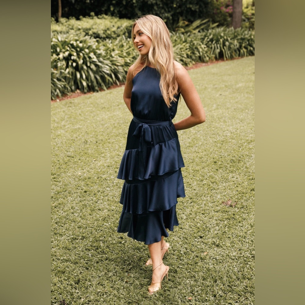 Petal & Pup Seychelle Navy Satin Asymmetrical Hem Tiered Ruffle Midi Dress - 6 - Picture 2 of 11